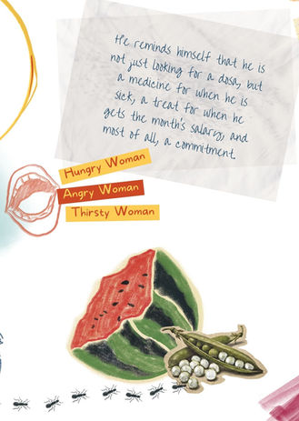 There are two captions used on this page.
The first captions reads as following - He reminds himself that he is not just looking for a dosa, but a medicine for when he is sick, a treat for when he gets the month's salary, and most of all, a commitment.
The second caption reads as the following - Hungry woman, Angry woman, Thirsty woman