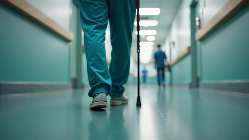 Eye-level view of a patient walking with a cane after joint replacement surgery