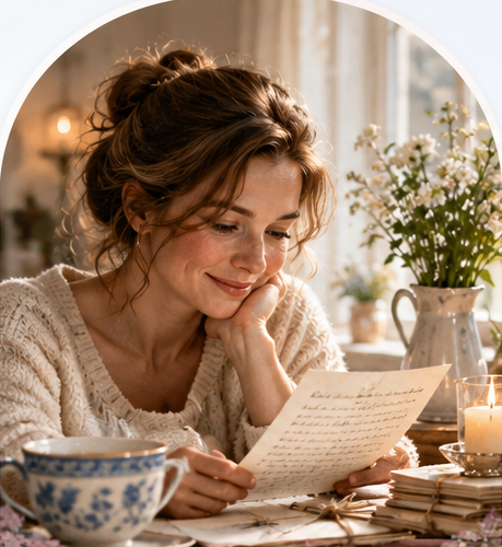 A woman smiling as she reads a handwritten letter by the window