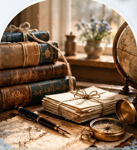 Antique letters, leather-bound books, an old map and a compass in warm window light