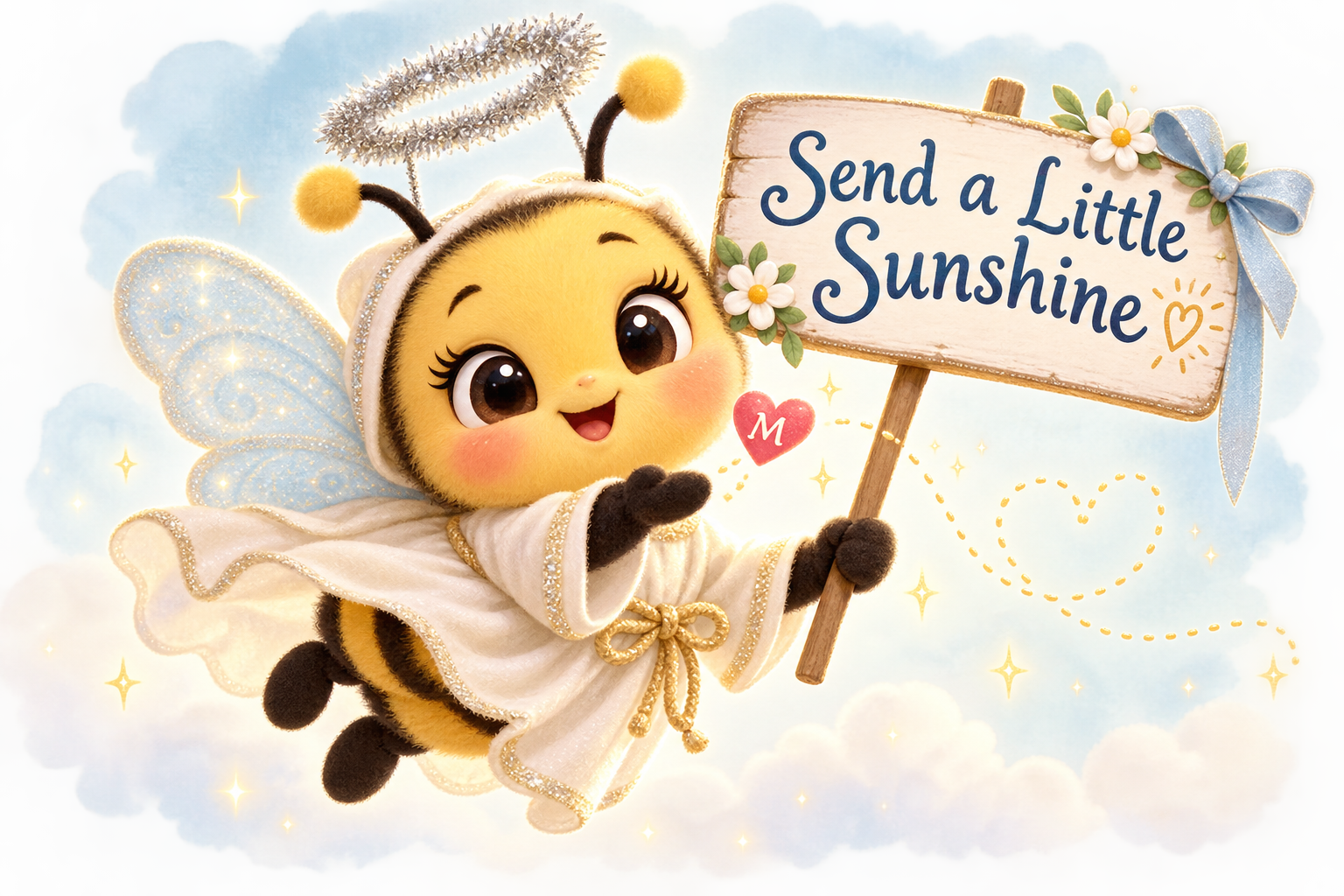 Mii the bumblebee dressed as a little angel, holding a Send a Little Sunshine sign