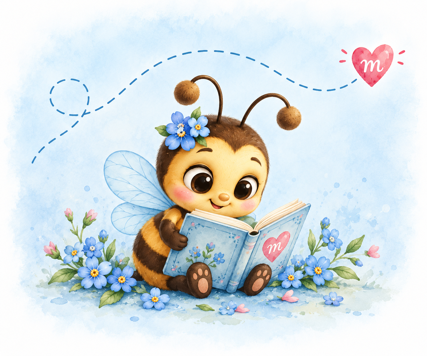 Mii reading a blue storybook among little forget-me-not flowers