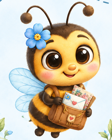 Mii the cheerful mail-carrying bee with rosy cheeks, blue wings and a bag of letters