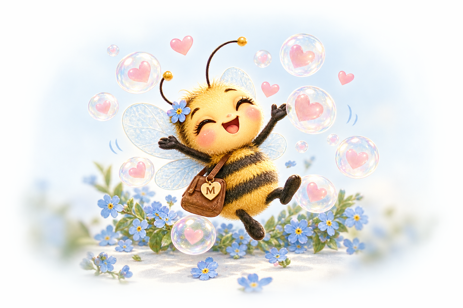 Mii jumping for joy with tiny pink heart bubbles after doing something kind