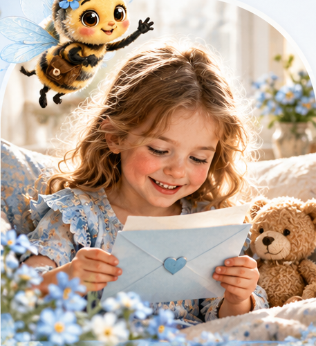 A delighted child opening a personal blue envelope at home