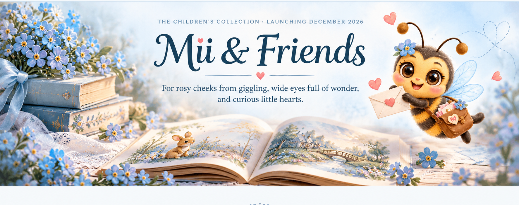 Mii and Friends storybook scene with forget-me-nots, a little bee delivering mail, and the words Mii and Friends