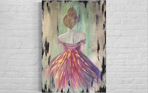 Fashion illustration acrylic Paint on canvas 100x70cm girl pink dress green beige abstract art gold