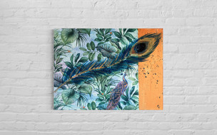 peacock pfau feeder feather art mixed media workshop decoupage Leinwand gold