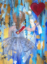Fashion illustration acrylic Paint on canvas 70x50cm girl heart balloon dress blue red gold abstract art