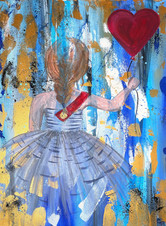 Fashion illustration acrylic Paint on canvas 70x50cm girl heart balloon dress blue red gold abstract art