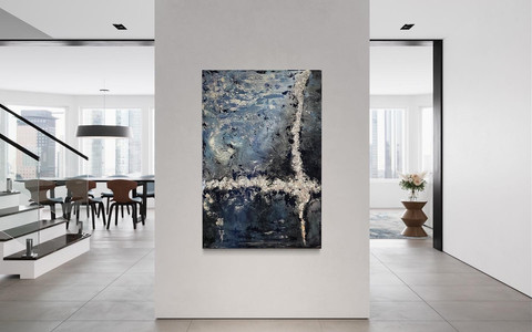 acrylic painting modern abstract art t-composition blue silver grey black stormy dark