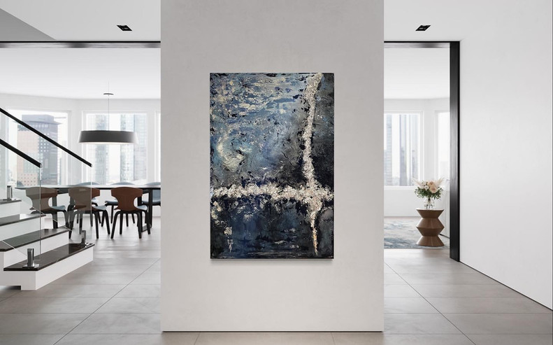 acrylic painting modern abstract art t-composition blue silver grey black stormy dark