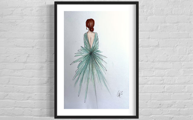 pastel pencil paper fashion illustration lady figurine green salbei dress