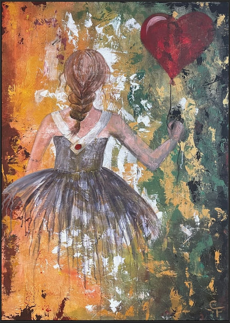 love, girl, heart, green, girl with balloon, balloon girl, abstract art, illustration, red, dress