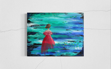 fairytale fashion illustration frog prince green blue waterlily red dress princess story glitter
