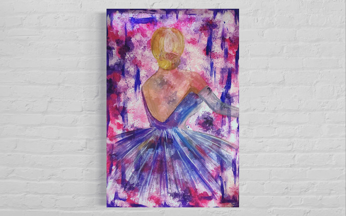 Fashion illustration acrylic Paint on canvas 90x60cm girl pink dress purple flowers abstract art dancer