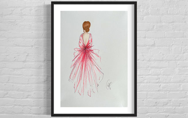 pastel pencil fashion illustration art design red dress lady figurine feminine romantic