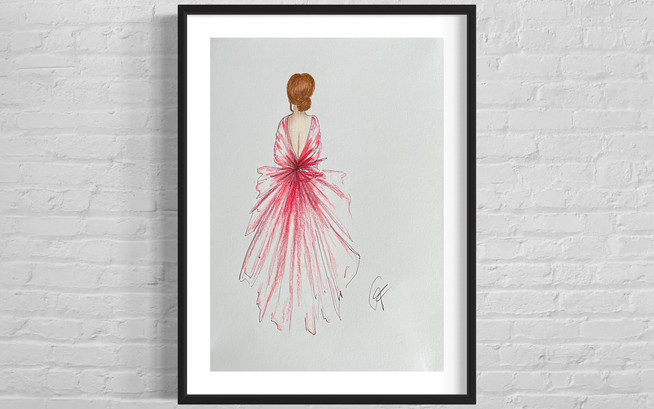 pastel pencil fashion illustration art design red dress lady figurine feminine romantic