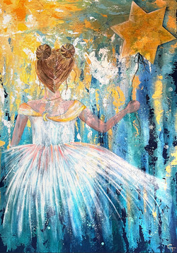 ray of hope, star, balloon girl, acrylic paint, abstract art, girl, dress, gold, fashion illustration, 140x100cm