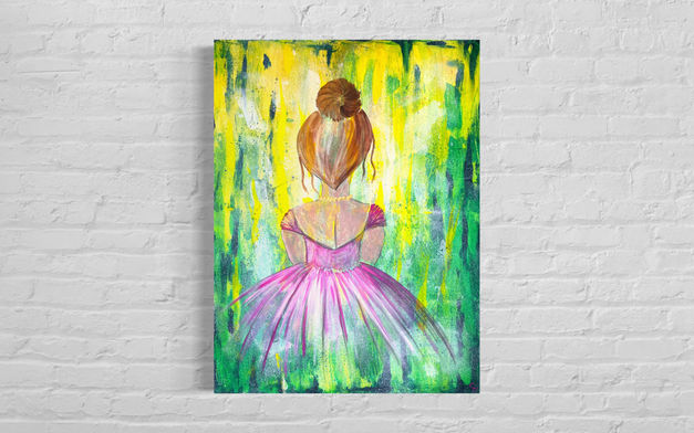 Fashion illustration acrylic Paint on canvas 80x60cm girl pink dress green yellow abstract art