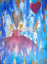 Fashion illustration acrylic Paint on canvas 80x60cm girl heart balloon red dress blue red gold abstract art