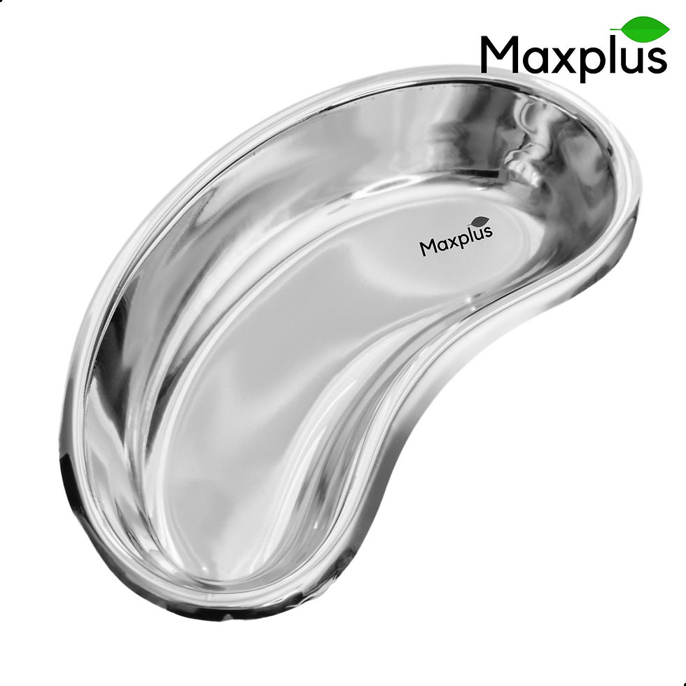Stainless steel kidney dish by Max Plus, designed for medical and laboratory use.