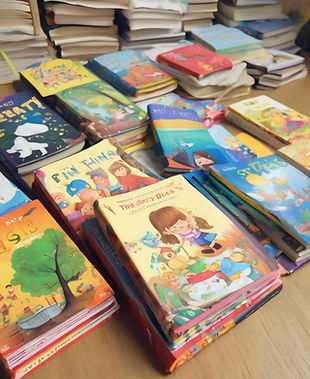 a few pile of thin story books for kids with colorful illustrations on the desk.jpg