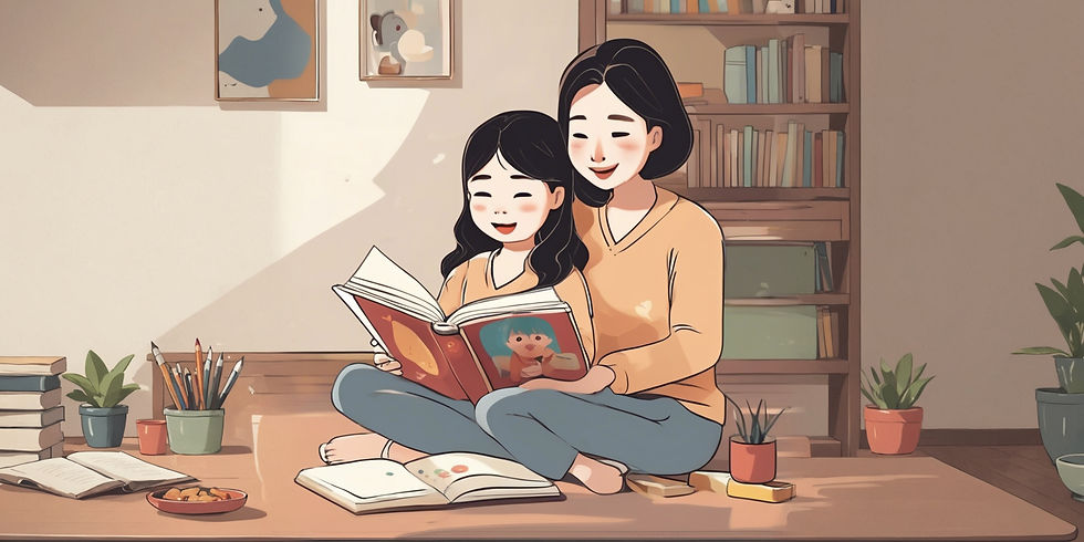 A cozy afternoon filled with storytelling and smiles as a mother and daughter share a picture book adventure.