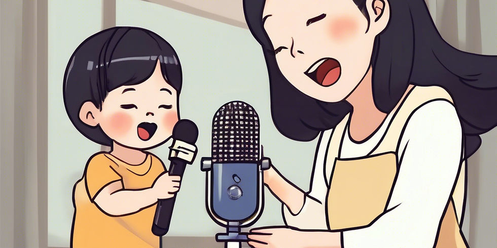A mother and her son share a joyful moment singing together with microphones, creating a heartwarming duet.