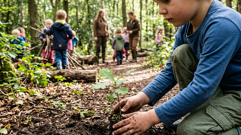 Close-up view of a child planting a seedling in soil during an outdoor learning session
