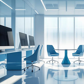 A modern IT company office room with stylish furniture, computer desks, large monitors, an