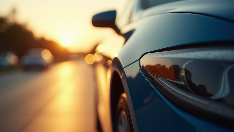 Close-up view of a car’s glossy paint surface reflecting sunlight