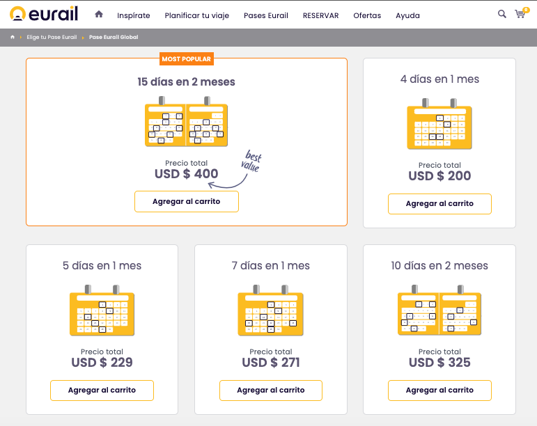 Algunos de los precios de los pases globales desde eurail.com
