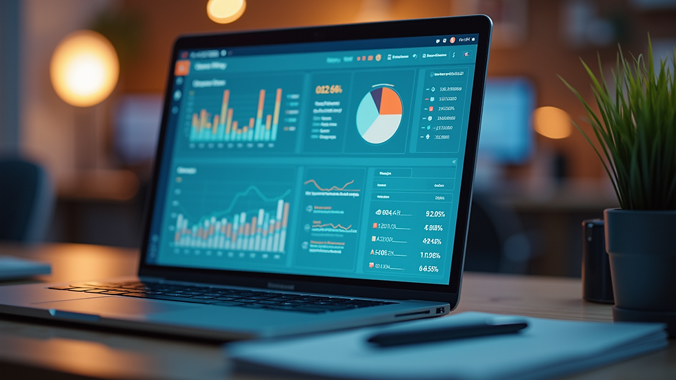 Eye-level view of a small office workspace with a laptop and AI analytics dashboard