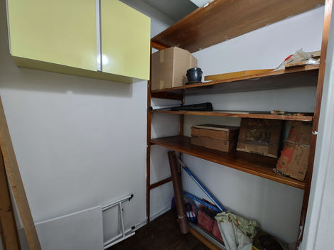 Área de serviço equipada com tanque e armários, com despensa ao lado contendo prateleiras para armazenamento.