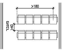 שרטוט תכנון חלל עם סידורי ישיבה, המציג מרחקי מעבר ומידות