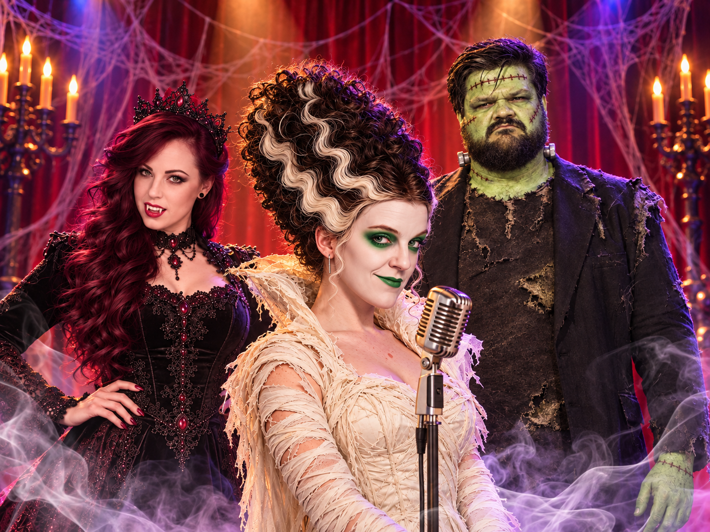 Murder at the Monster Mash characters including the Bride of Frankenstein and Frankenstein’s monster