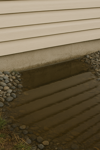 Standing water near a home's foundation due to poor grading in Southeast Idaho.