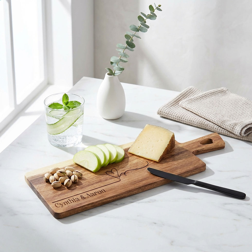 Miniature : Minimalist custom engraved wood board for anniversary or engagement gifts in high-contrast acacia grain.