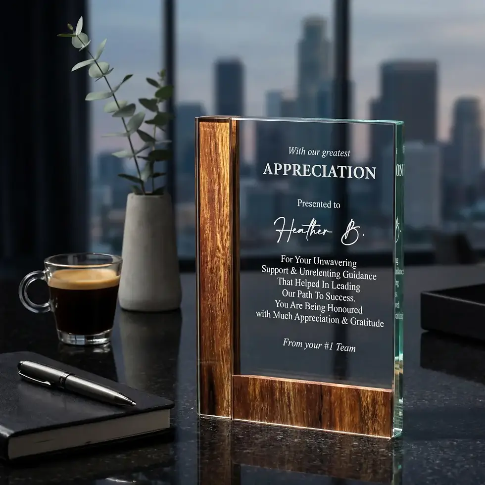 Professional 0.75 inch thick custom corporate trophy with engraved text and wooden texture trim panels