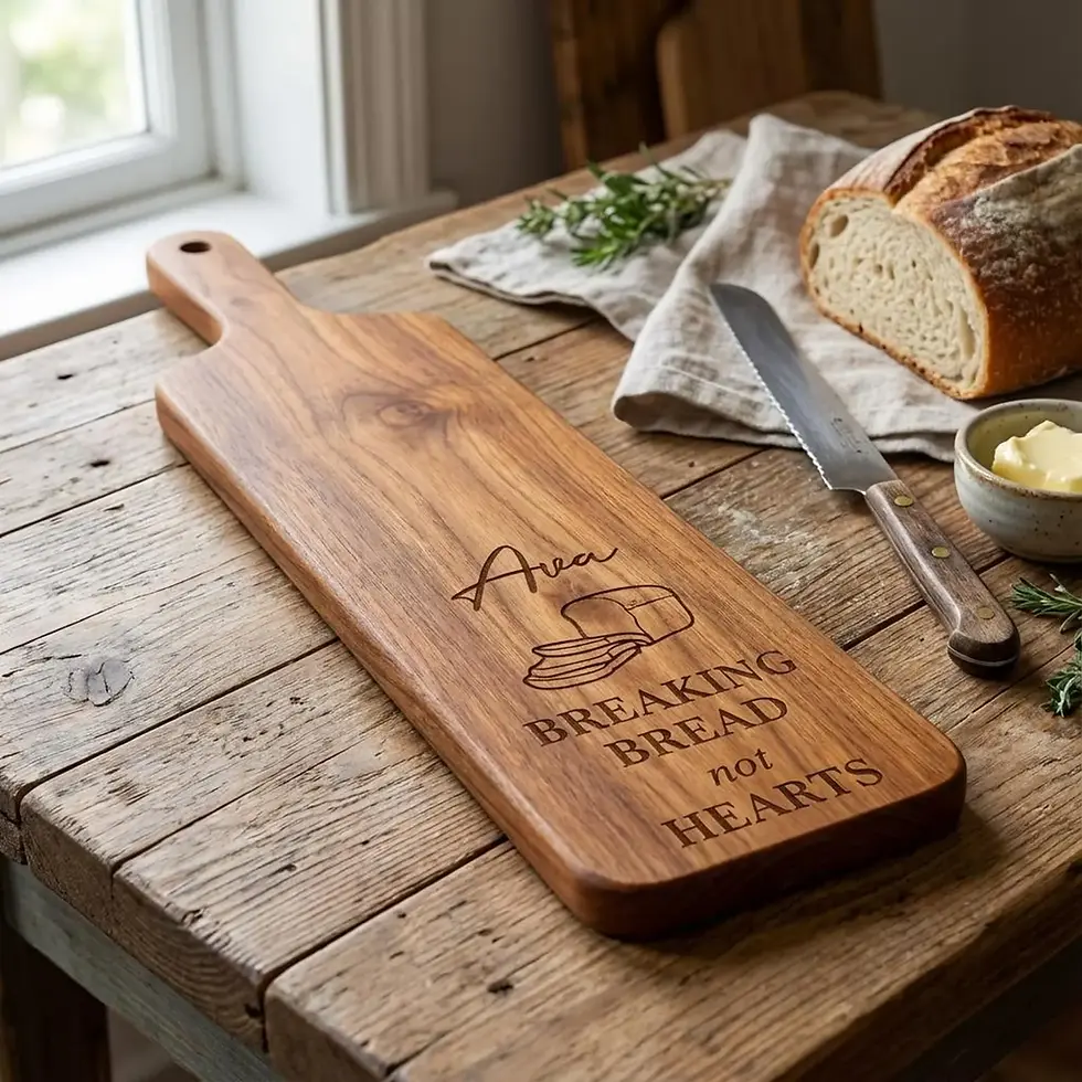 Personalized cherry wood bread board with custom name Ava and Breaking Bread Not Hearts engraving.