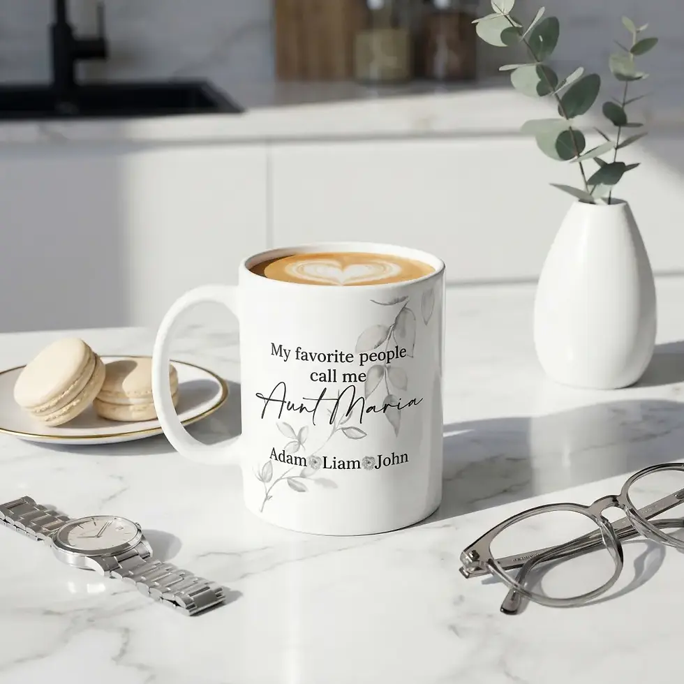 Thumbnail: Custom 11oz ceramic mug for an auntie, printed with botanical watercolor leaves and family names.