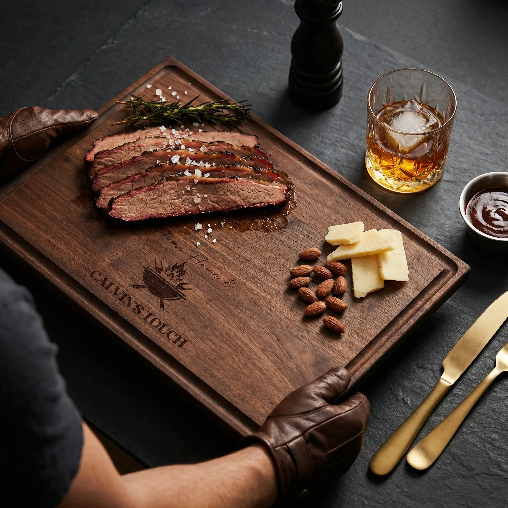 A man holding a personalized wooden cutting board