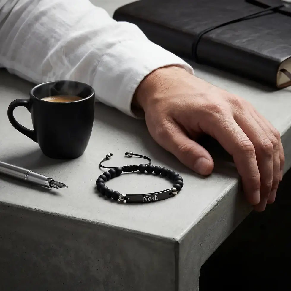 Custom name bracelet for men featuring matte black beads and polished silver accent charms on a mans wrist.