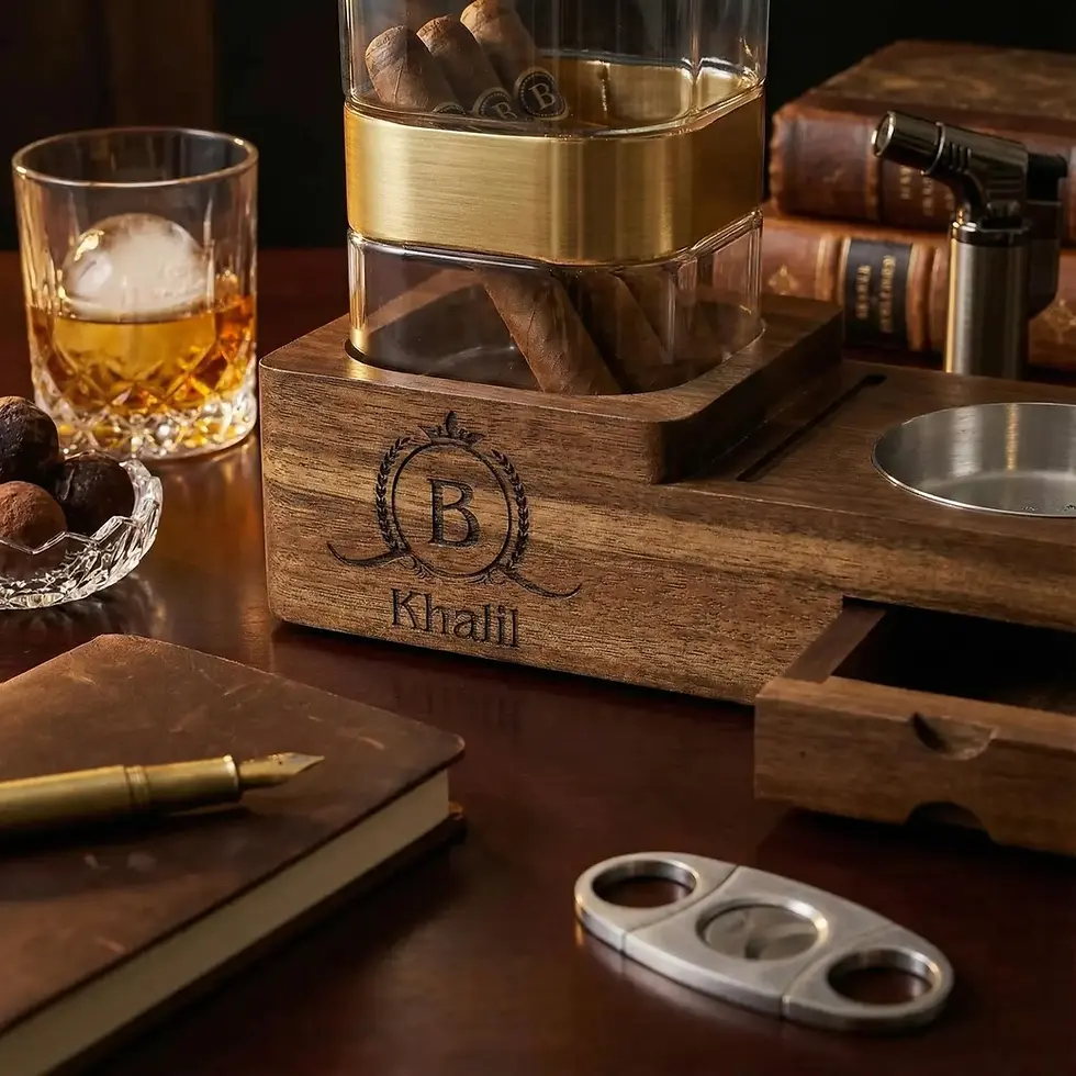 Thumbnail: Personalized Cigar Humidor Set - Custom Wood Ashtray & Accessories