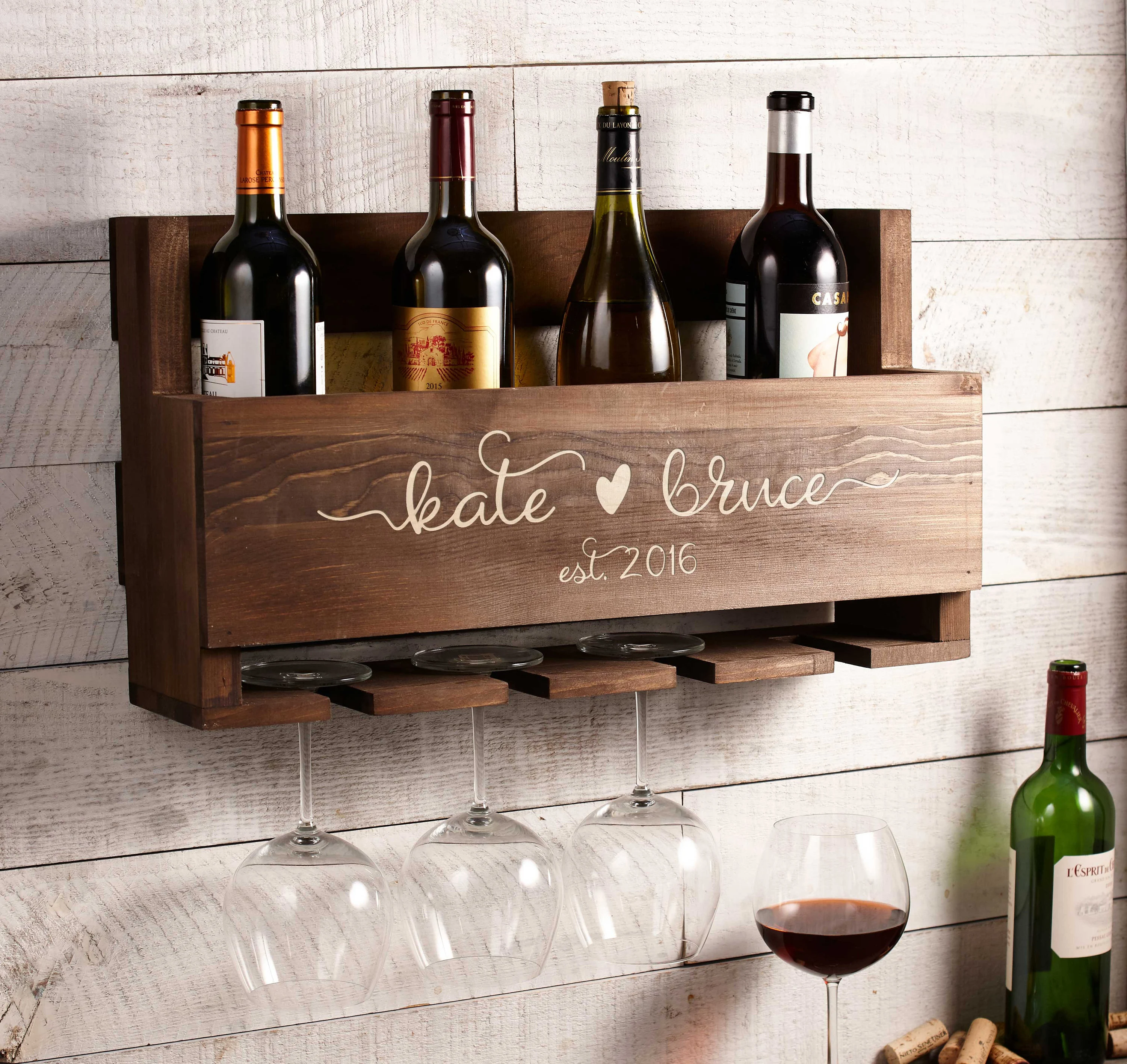 Custom Engraved Wall Mounted Wine Rack with Heart Design for Couples