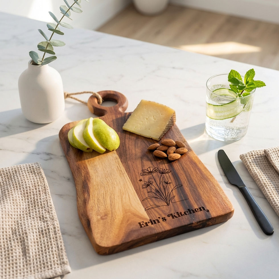 Miniature : Floral wood anniversary gift idea: Wildflower personalized board with pear slices and cheese.