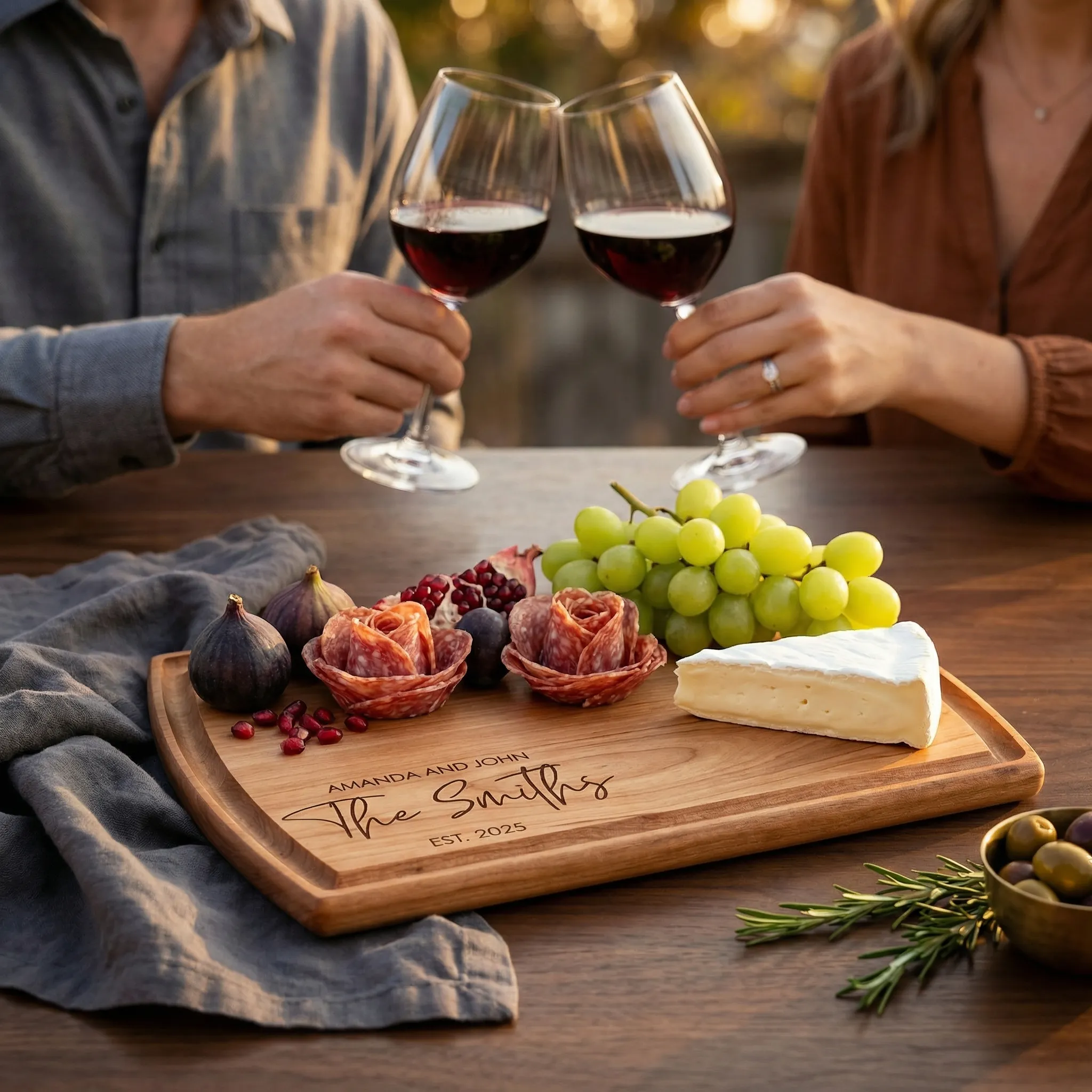 Personalized cherry wood cutting board, engraved for The Smiths Est. 2025