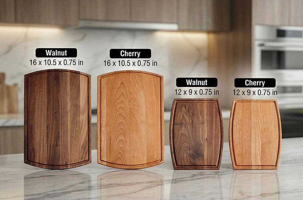 Miniature : Wood options for personalized cutting boards including dark walnut and warm cherry in various rectangular sizes.