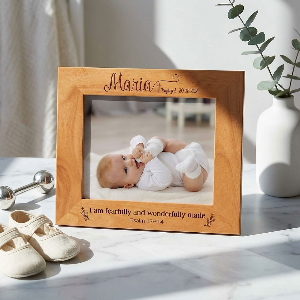Thumbnail: Handcrafted Alder wood picture frame from JM la bonne impression featuring custom name and cross icon.